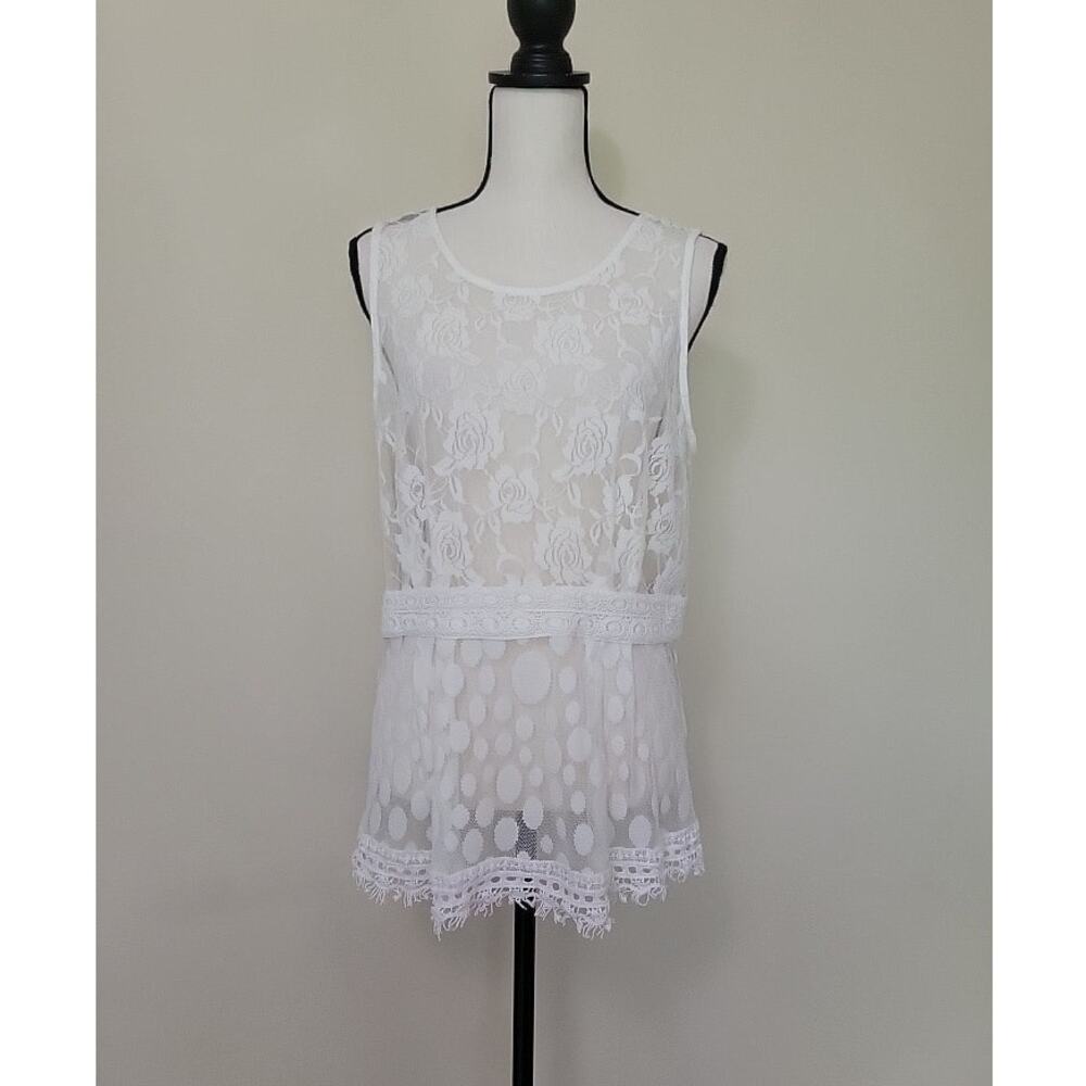 Adiva XL Ivory Sleeveless Rose Floral Lace Sheer Top Blouse Pullover Zip Keyhole